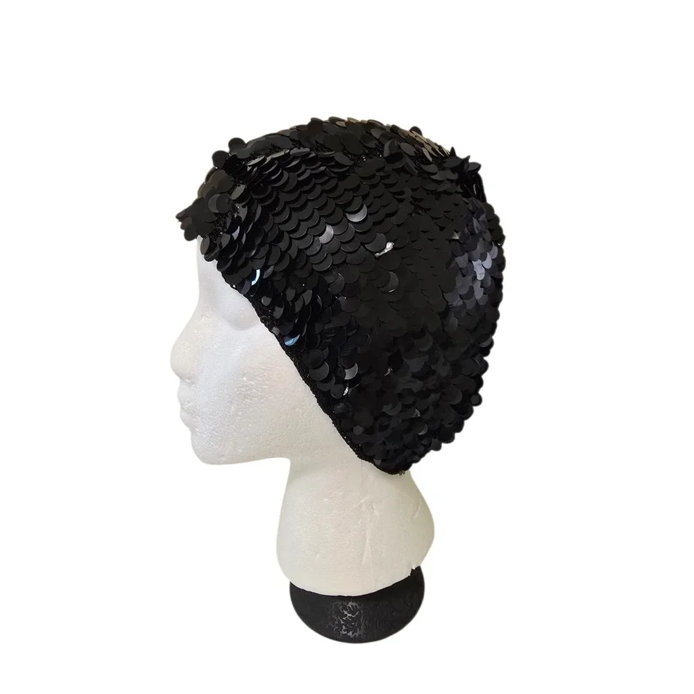 Womens Vintage Black Sequin Beret / Skullcap Hat Made in Italy